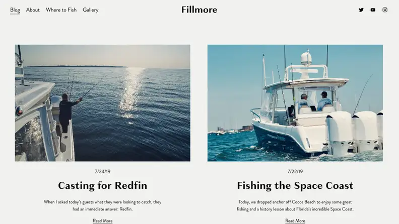 A clean fishing blog layout built with Squarespace, showing how gifting custom websites can make thoughtful personalized holiday gifts.