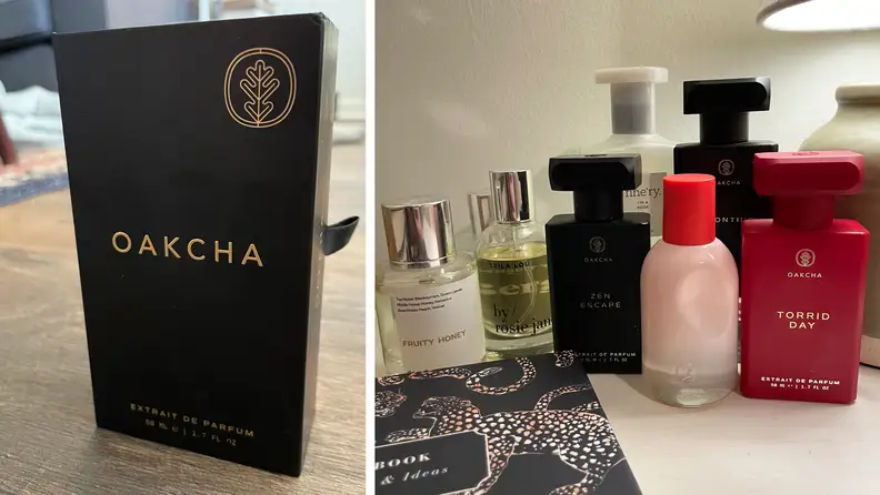 A closed box of Oakcha perfume, and a photograph of multiple perfume bottles on a white tabletop.