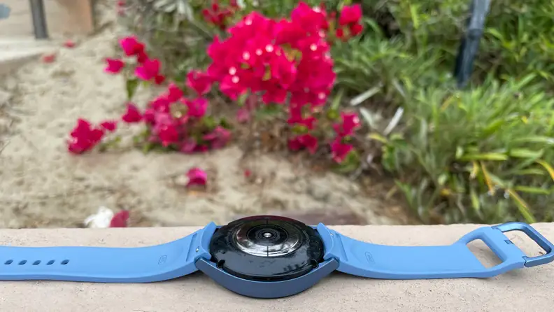 a smart watch laying upside down with its wrist band lying flat on either side.