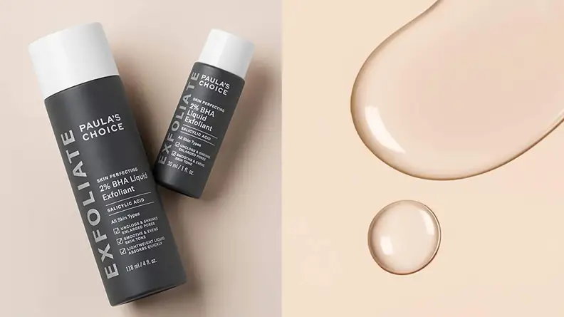 Left: A large and small bottle of Paula's Choice liquid exfoliant. Right: A puddle of clear exfoliant has been squeezed out onto a blank surface.