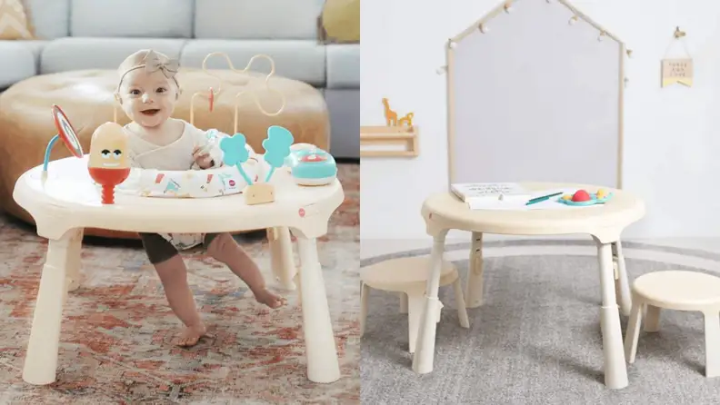 A baby in an activity center and a play table with chairs