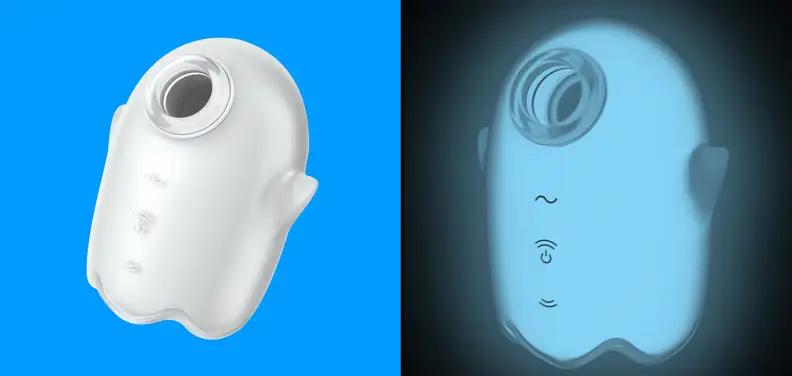 A photo collage of the Satisfyer Glowing Ghost, one is illuminated and one is not.