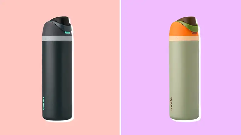 A black Owala FreeSip water bottle on the left and a green Owala FreeSip water bottle on the right.