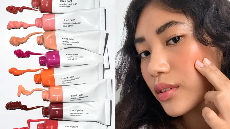 On the left: Several tubes of the Glossier Cloud Paint lined up next to each other with a swatch coming out of each tube. On the right: A person holding two fingers up to their cheek to apply the Cloud Paint.