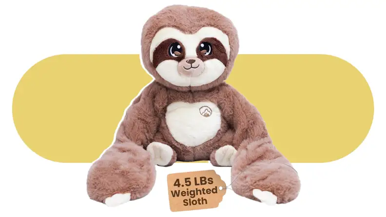 Product shot of the Huggle Healers Weighted Stuffed Sloth.