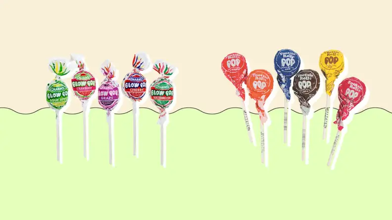 Blow Pops and Tootsie Rolls on green and beige background