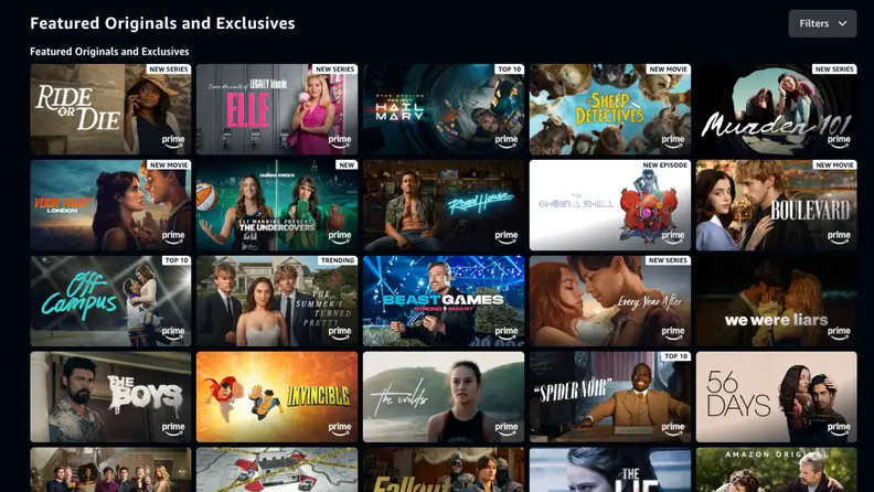 Prime Video homepage displaying a selection of Amazon Original movies and TV shows available to stream.
