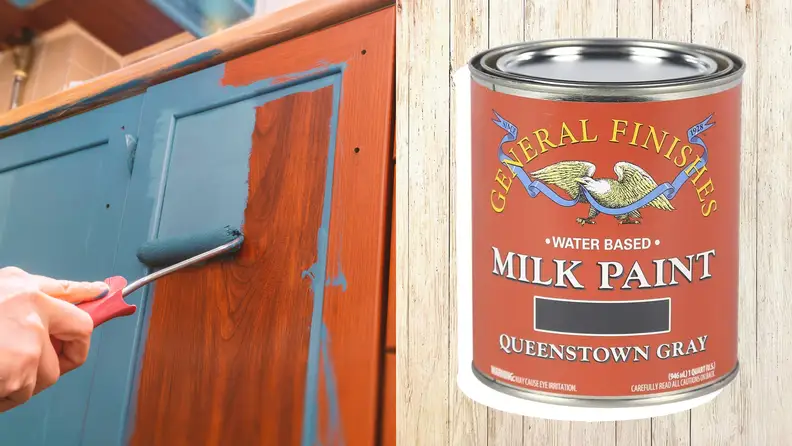 Left: a person applying paint with a roller to a cabinet; Right: a can of General Finishes Milk Paint on wood background