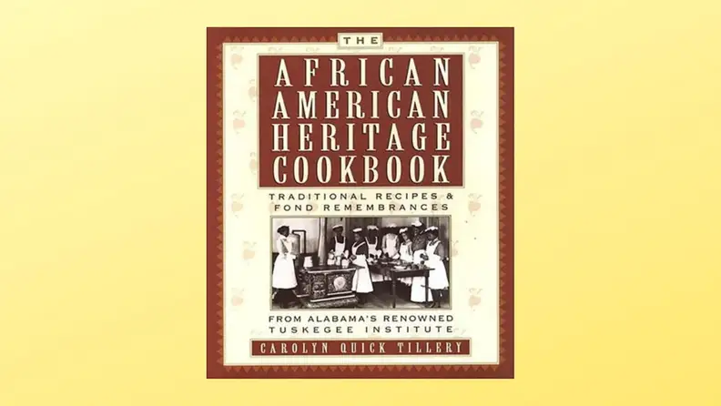 The African American Heritage Cookbook cover on a yellow background.