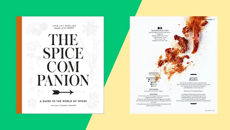 Front and back of cookbook cover that have spices as artwork.