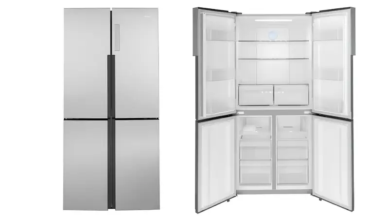 Stainless steel quadrant-style refrigerator with four separate doors, closed and open.