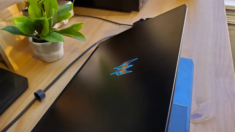 The laptop is half-closed