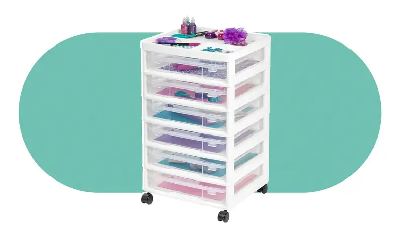 The Iris rolling cart in white with multiple draws on a green background.