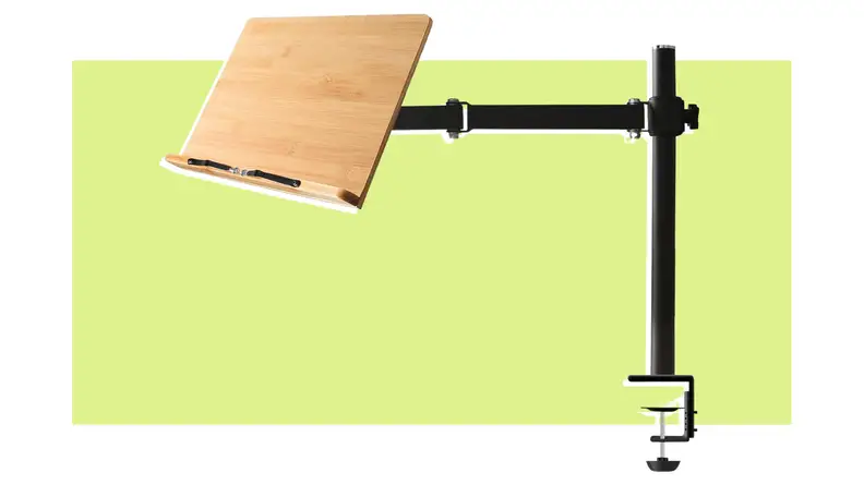 a Wishacc book stand. It's a large wooden stand with a large adjustable pole that can attach to a surface.