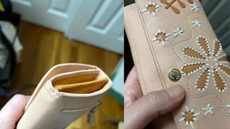 Close ups of Radley London wallets showing how the leather has worn over three months.