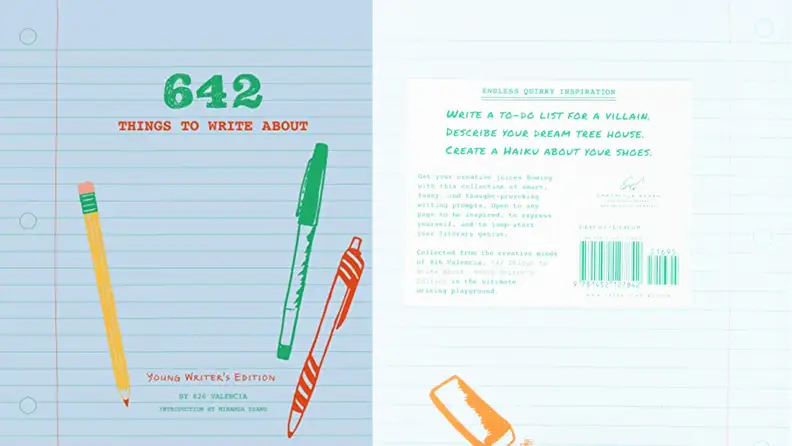 Blue front and back cover of a writing prompt book.