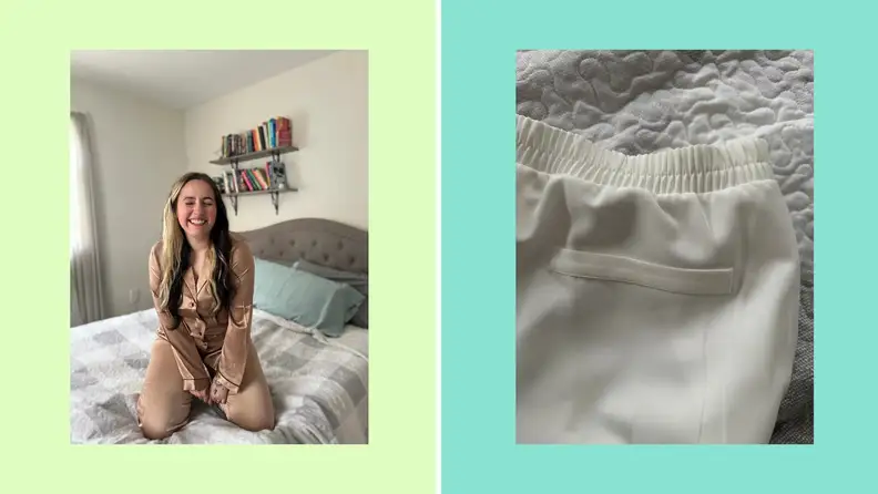 A woman wears brown silk pajamas and a close-up of white trousers.