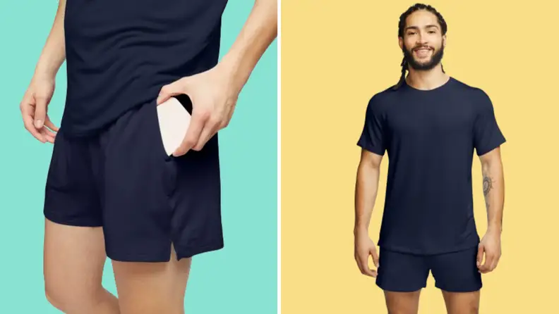 Collage image of a man putting a phone into the pocket of a pair of blue boxers, and a man wearing the same boxers with a matching T-shirt.