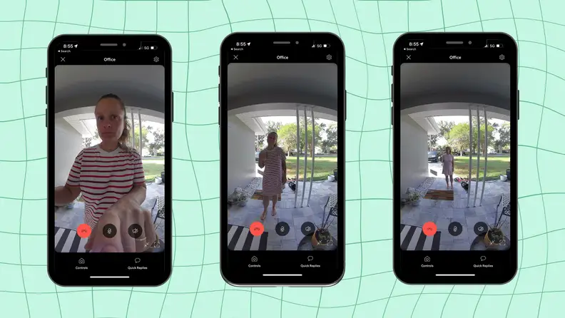 Three screenshots of the live view of the Ring Battery Doorbell Plus