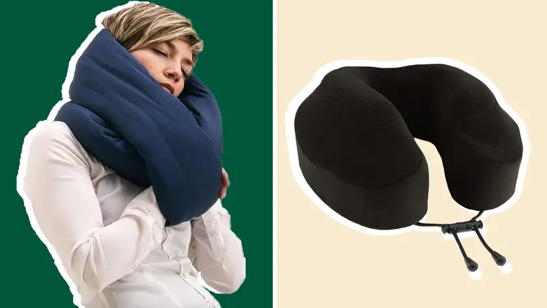 On left, person sporting the navy blue  Huzi Infinity Pillow around neck. On right, product shot of the black velvet Cabeau Evolution Classic Travel Pillow.