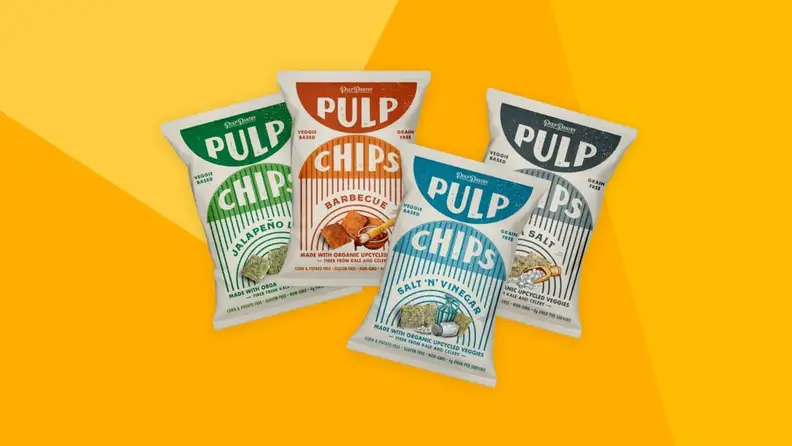 Four bags of Pulp Pantry chips against a yellow background.