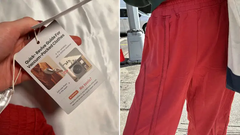 Two images of a tag and red pants.
