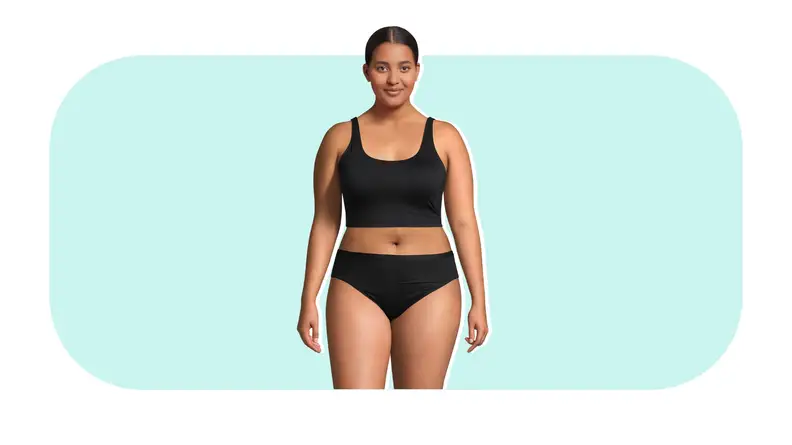 Model wearing black Lands’ End Comfort Knit Bra and black underwear.
