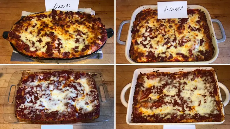 Four lasagnas in four different casserole dishes.