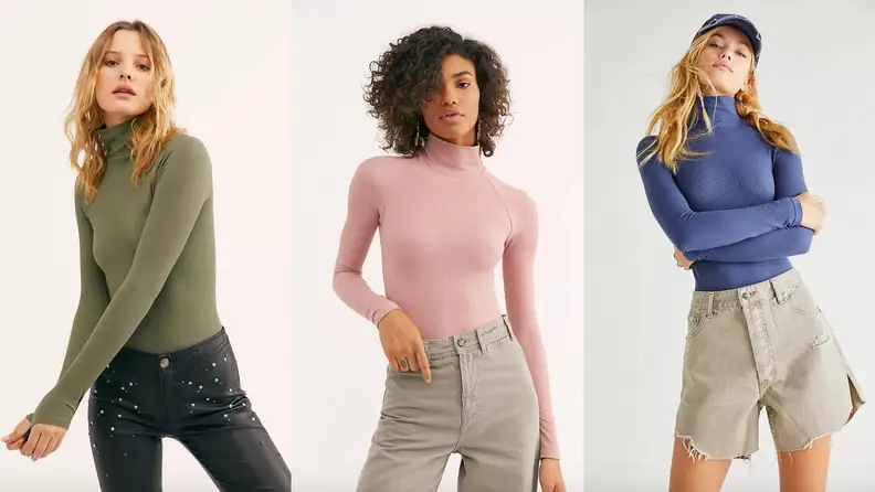 Models wearing a green, pink, and blue versions of the Seamless Turtleneck Bodysuit.
