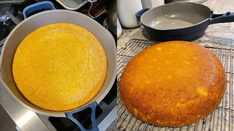 Skillet cornbread cooked in pan next to cornbread skillet cooling on wire rack.
