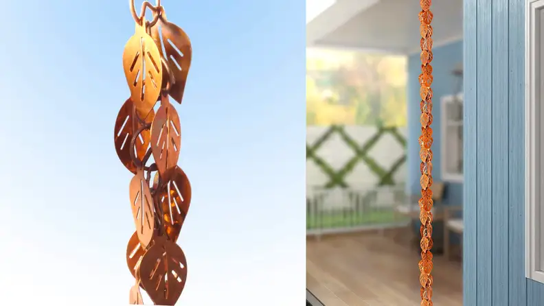 Two images of a copper rain chain hanging on a porch.
