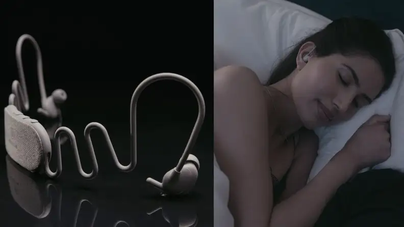 a side by side showing the kokoon earbuds alone, and in someone's ear as they sleep