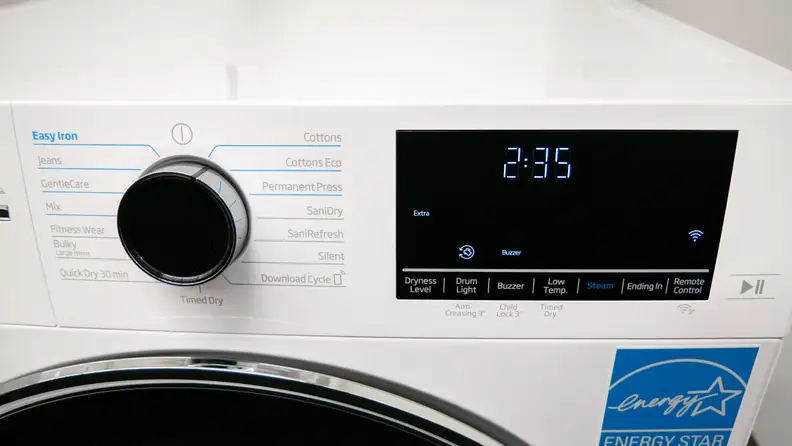 An up-close view of the Beko HPD24414W dryer's controls.