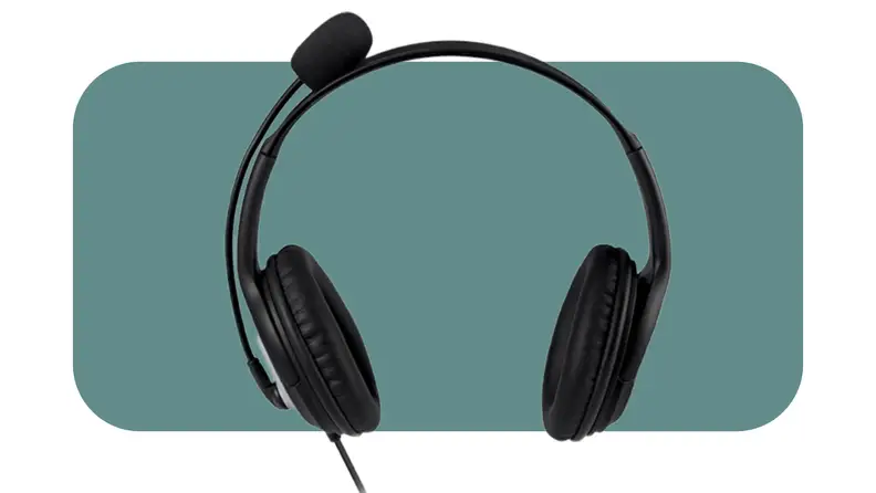 Product shot of black pair of Microsoft Lifechat Headphones with microphone attached.
