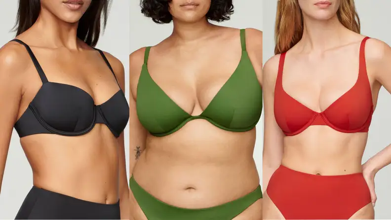 Left: woman wearing cuup balconette top. Middle: Woman wearing green plunge top. Right: woman wearing red sccop cup bathing suit top.