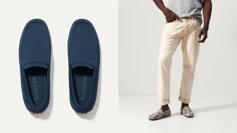 blue Rothy's penny loafer, man wearing white chino pants with a desert camo pair of Rothy's penny loafers