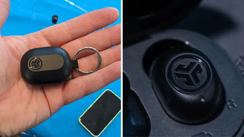 Side by side of a close up of the JLab JBuds Mini earbud in an open case and the case with keyring in a person's hand.