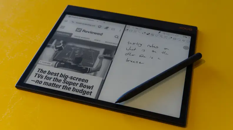 The Onyx Boox Note Air 3 on a yellow background.