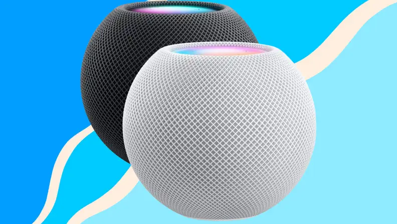 Two Apple HomePod Minis against a blue background.