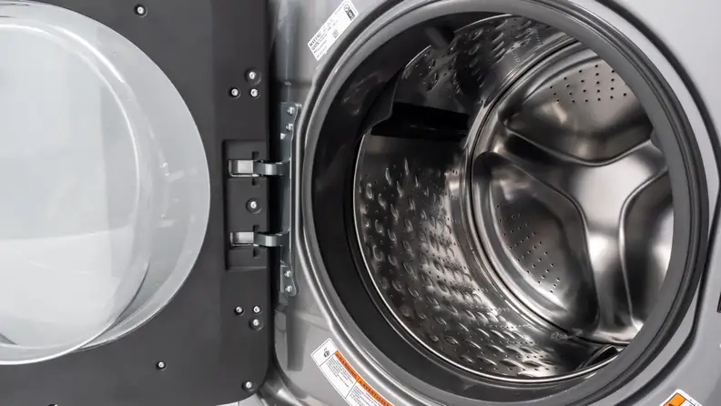 The interior stainless steel drum of the Maytag MHW6630HC front-load washer.