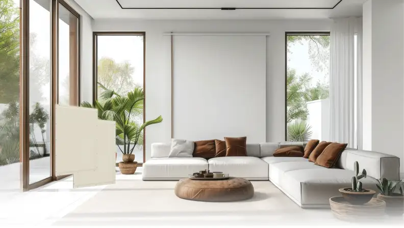 Modern minimalist living room with floor-to-ceiling windows and clean white walls, designed to conceal integrated in-wall audio technology.