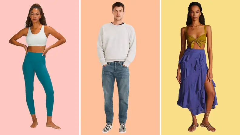 A female model wearing athlesiure gear against a pink background on the left, a male model wearing a casual outfit against a salmon background in the middle, and a female model wearing a beach-type skirt and bra against a gold background.