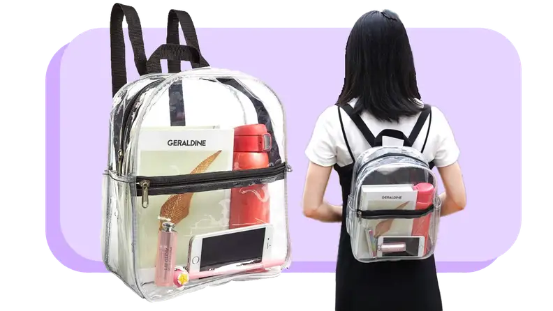 On left, Product shot of the Clearworld Stadium Approved Clear Mini Backpack that has black cloth straps with book, smartphone, writing utensil, reusable water bottle and smartphone inside. On right, model wearing the Product shot of the Clearworld Stadium Approved Clear Mini Backpack with items inside on her back.