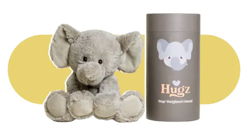 Product shot of Hugz weighted stuffed elephant.