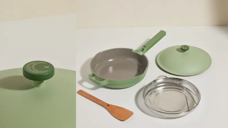 Left: close-up of crescent design on Always Pan lid. Right: Always Pan accessories laid out on white surface