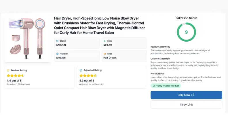 Screenshot of FakeFind showing a hair dryer scoring a 9/10