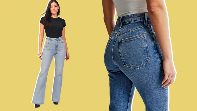 Front and rear views of models wearing Abercrombie & Fitch Curve Love jeans, illustrating that there is no gap in the waistline.