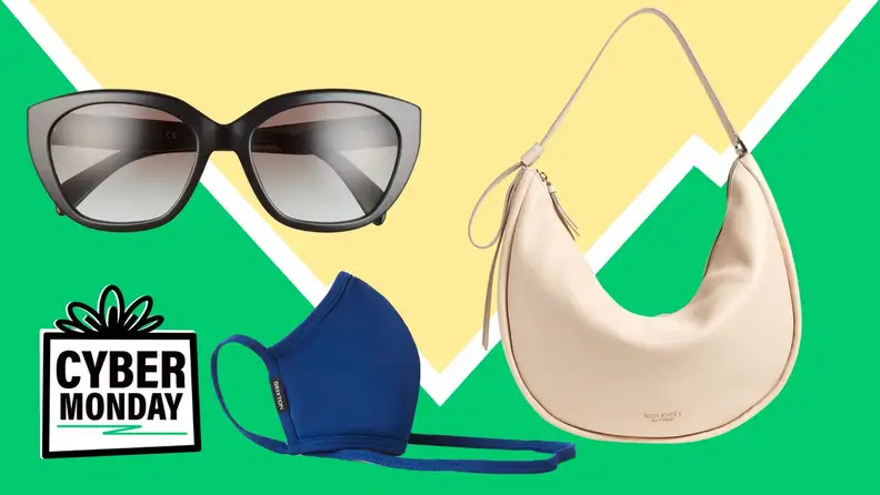 Sunglasses, a purse, and a face mask.