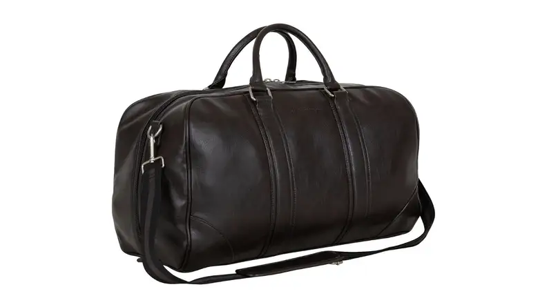 black leather duffel