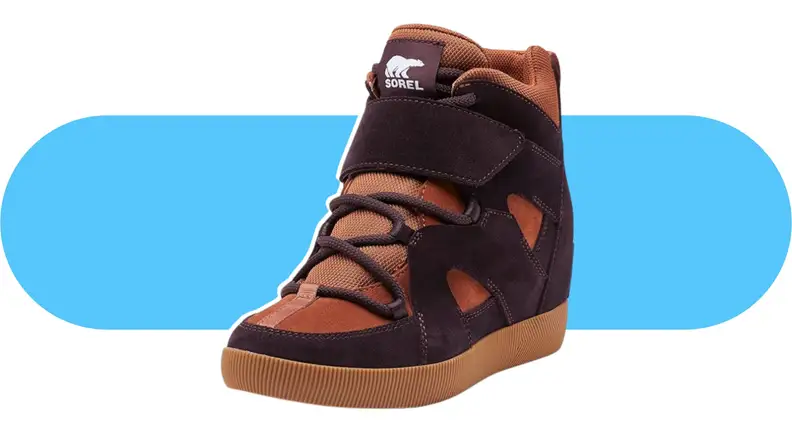 A brown wedge sneaker with dark laces.